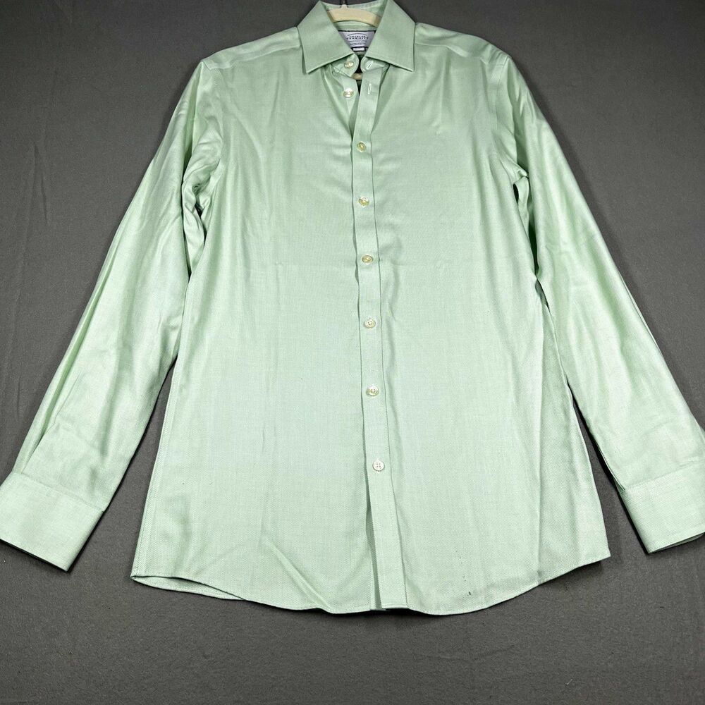 Charles Tyrwhitt Mens 15/35 Extra Slim Non-Iron Green Herringbone Dress Shirt